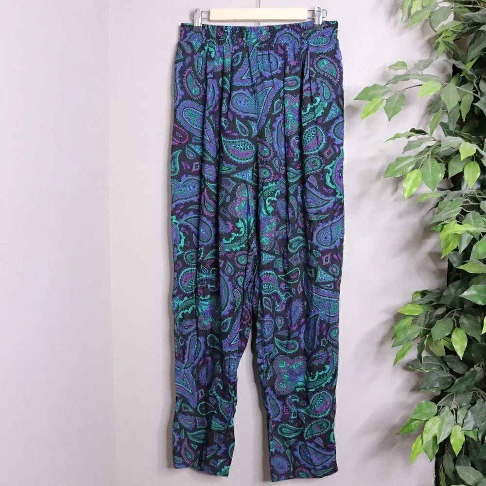 Vintage 80s Paisley High Waist Pants Womens L Baggy Tapered Pull On